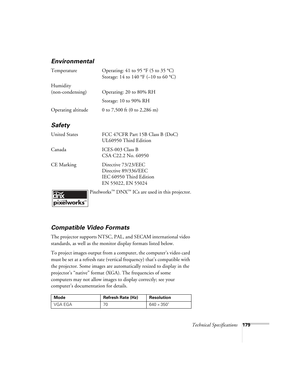 Environmental, Safety, Compatible video formats | Epson PowerLite 1715c User Manual | Page 179 / 202
