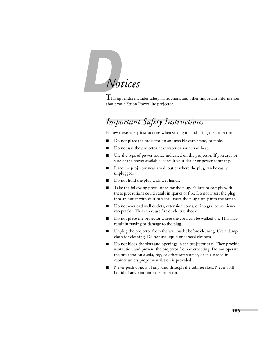 Notices, Important safety instructions | Epson PowerLite 1715c User Manual | Page 183 / 202