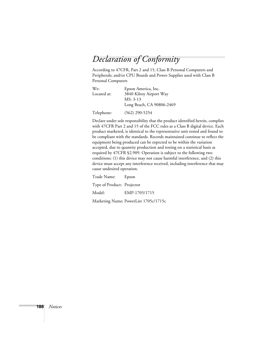 Declaration of conformity | Epson PowerLite 1715c User Manual | Page 186 / 202