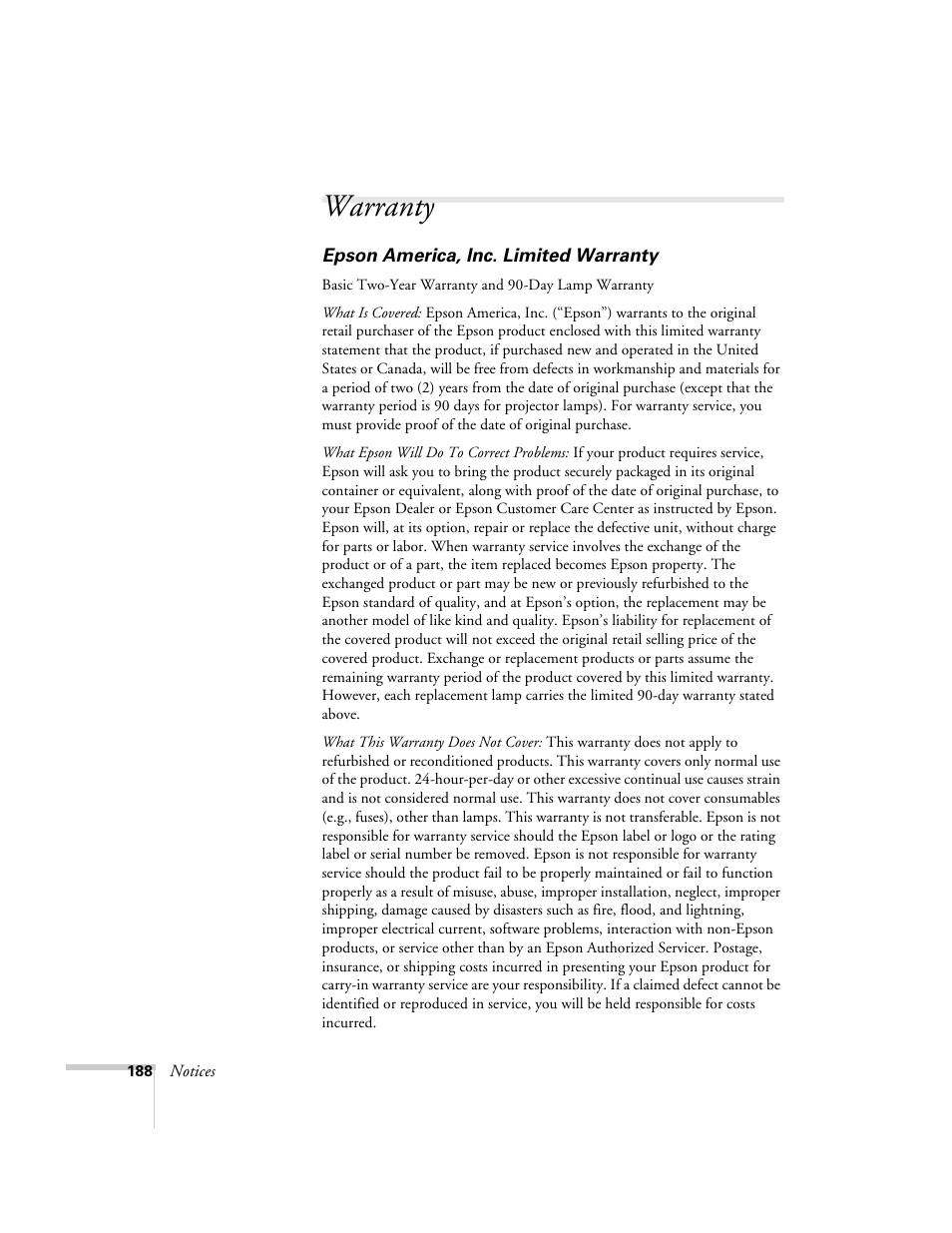 Warranty | Epson PowerLite 1715c User Manual | Page 188 / 202
