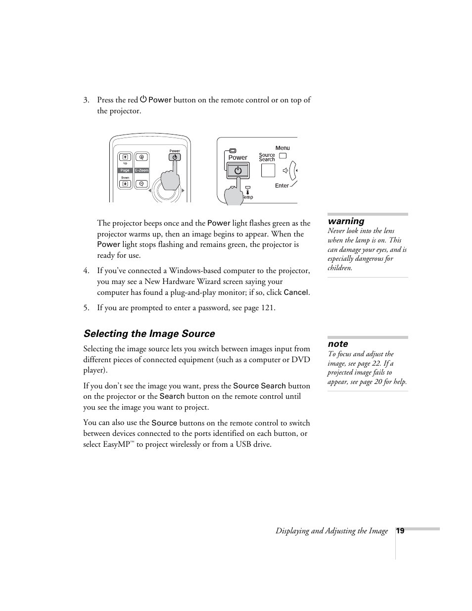 Selecting the image source | Epson PowerLite 1715c User Manual | Page 19 / 202