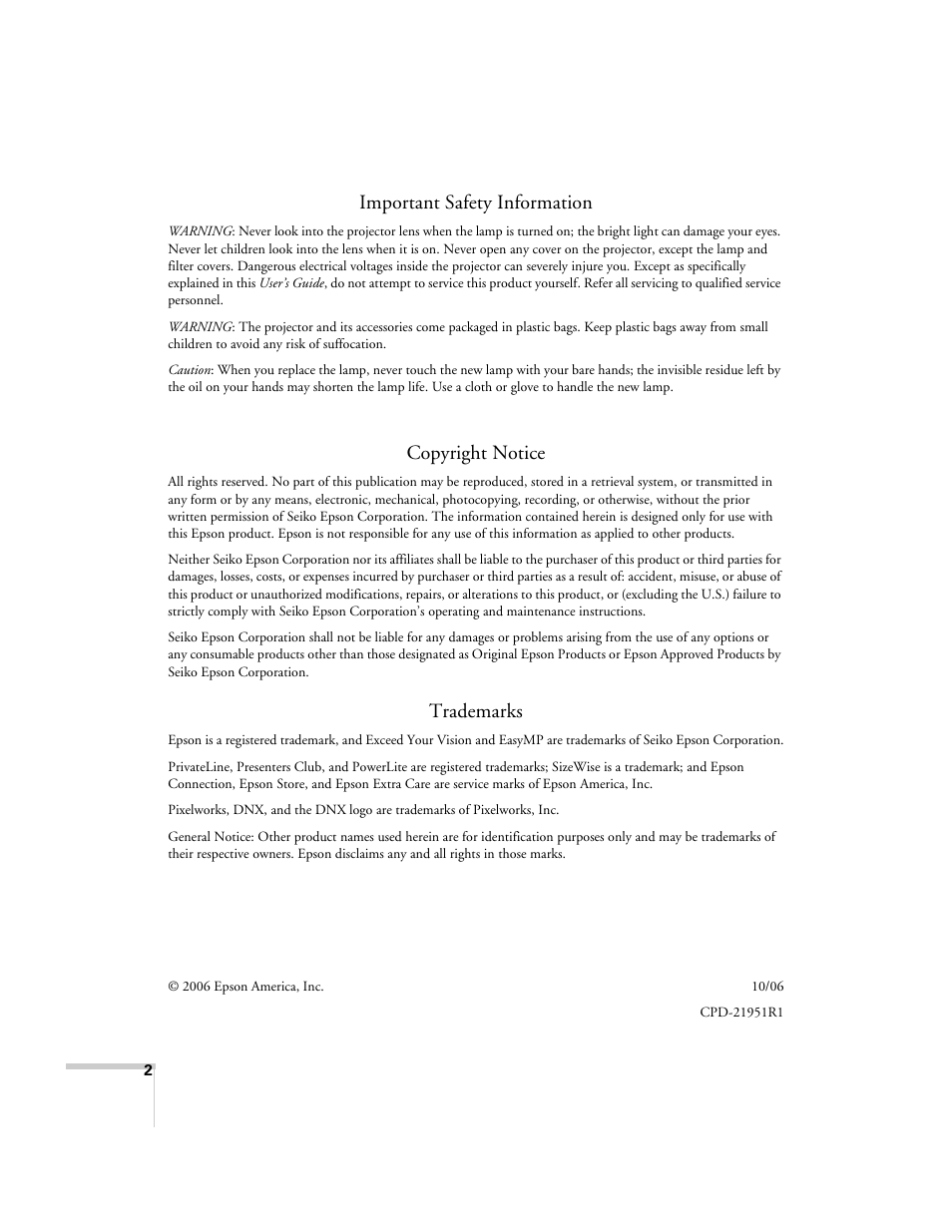 Important safety information, Copyright notice, Trademarks | Epson PowerLite 1715c User Manual | Page 2 / 202