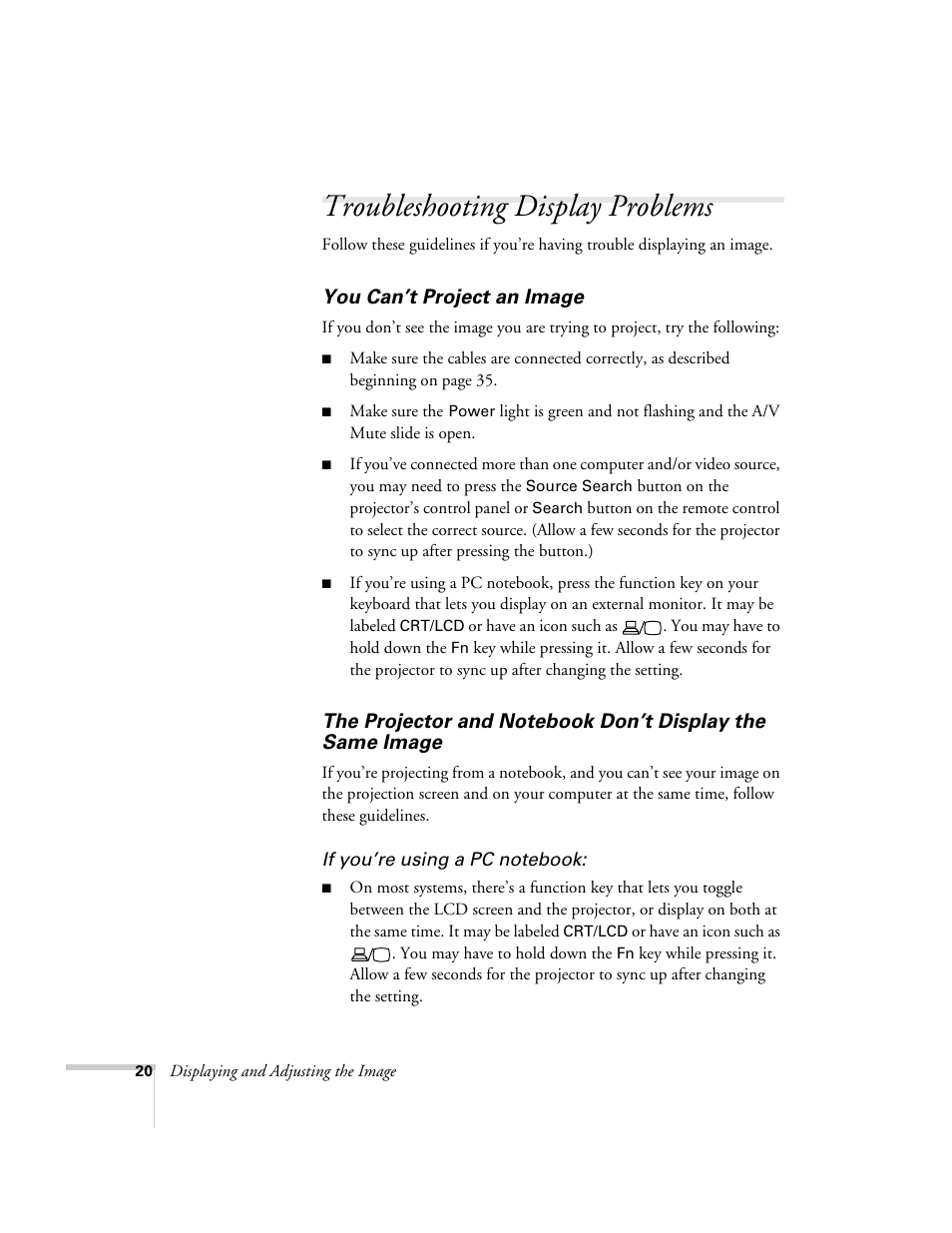 Troubleshooting display problems, You can’t project an image, Same image | Epson PowerLite 1715c User Manual | Page 20 / 202