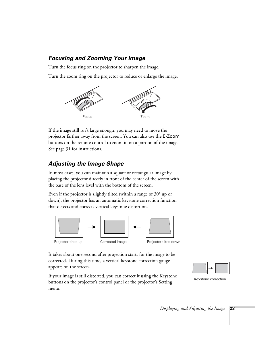 Focusing and zooming your image, Adjusting the image shape | Epson PowerLite 1715c User Manual | Page 23 / 202