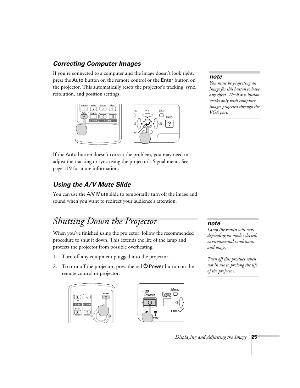 Correcting computer images, Using the a/v mute slide, Shutting down the projector | Epson PowerLite 1715c User Manual | Page 25 / 202