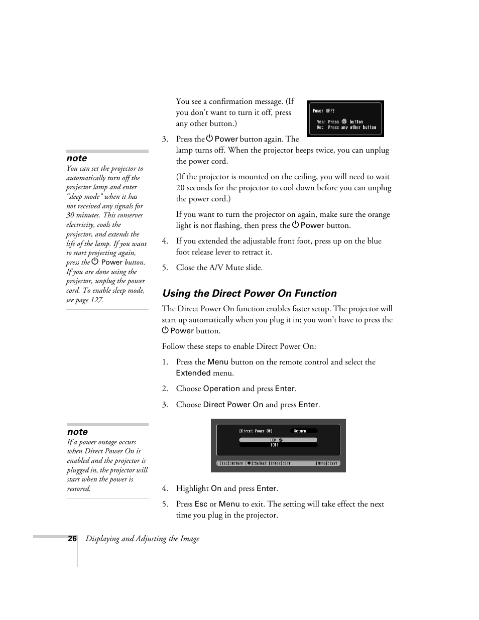 Using the direct power on function | Epson PowerLite 1715c User Manual | Page 26 / 202