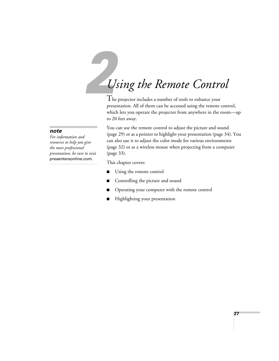 Using the remote control | Epson PowerLite 1715c User Manual | Page 27 / 202