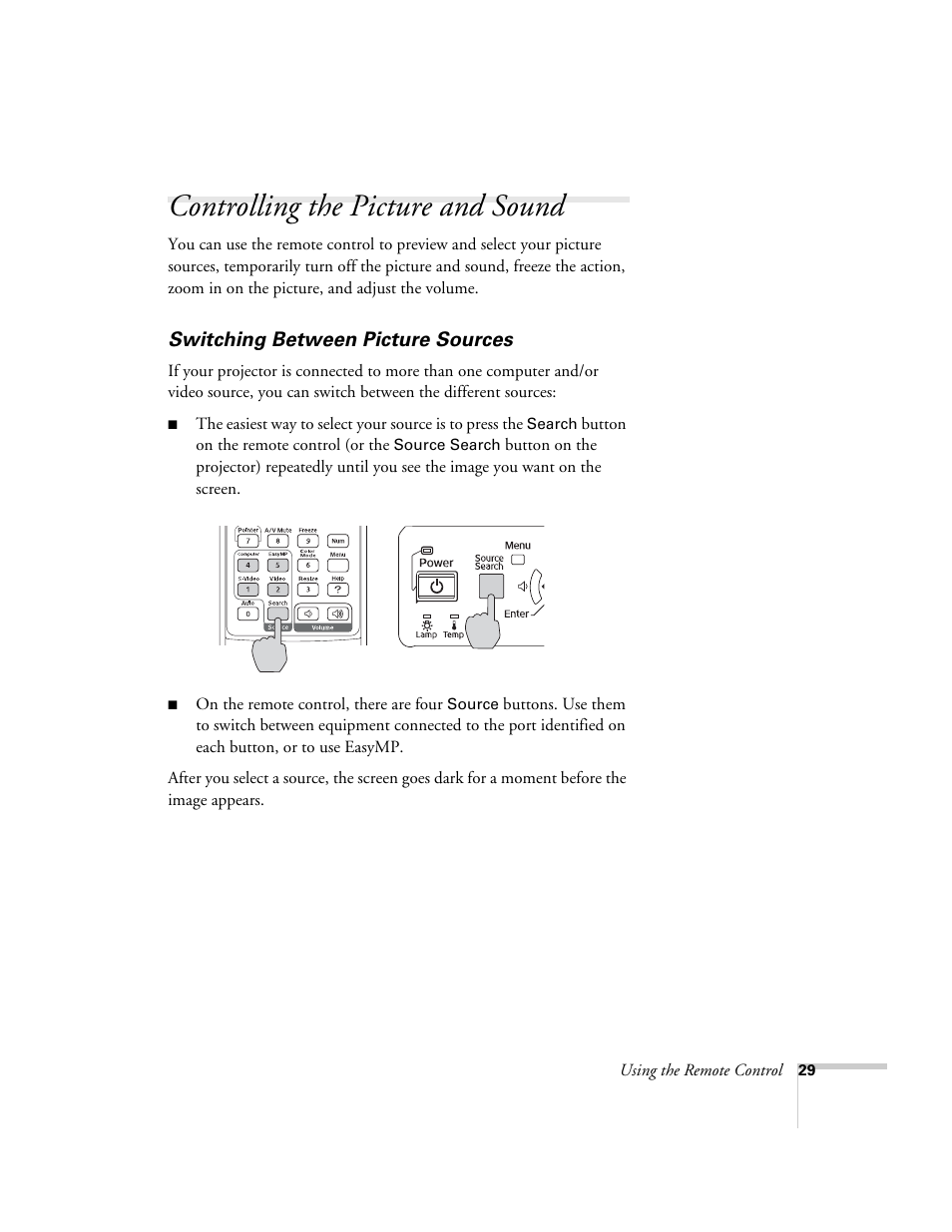 Controlling the picture and sound, Switching between picture sources | Epson PowerLite 1715c User Manual | Page 29 / 202