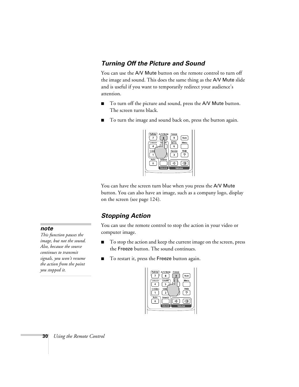Turning off the picture and sound, Stopping action, Turning off the picture and sound stopping action | Epson PowerLite 1715c User Manual | Page 30 / 202