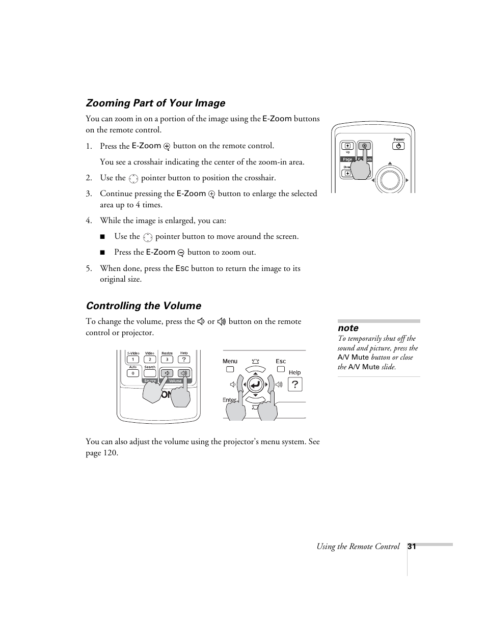 Zooming part of your image, Controlling the volume, Zooming part of your image controlling the volume | Epson PowerLite 1715c User Manual | Page 31 / 202