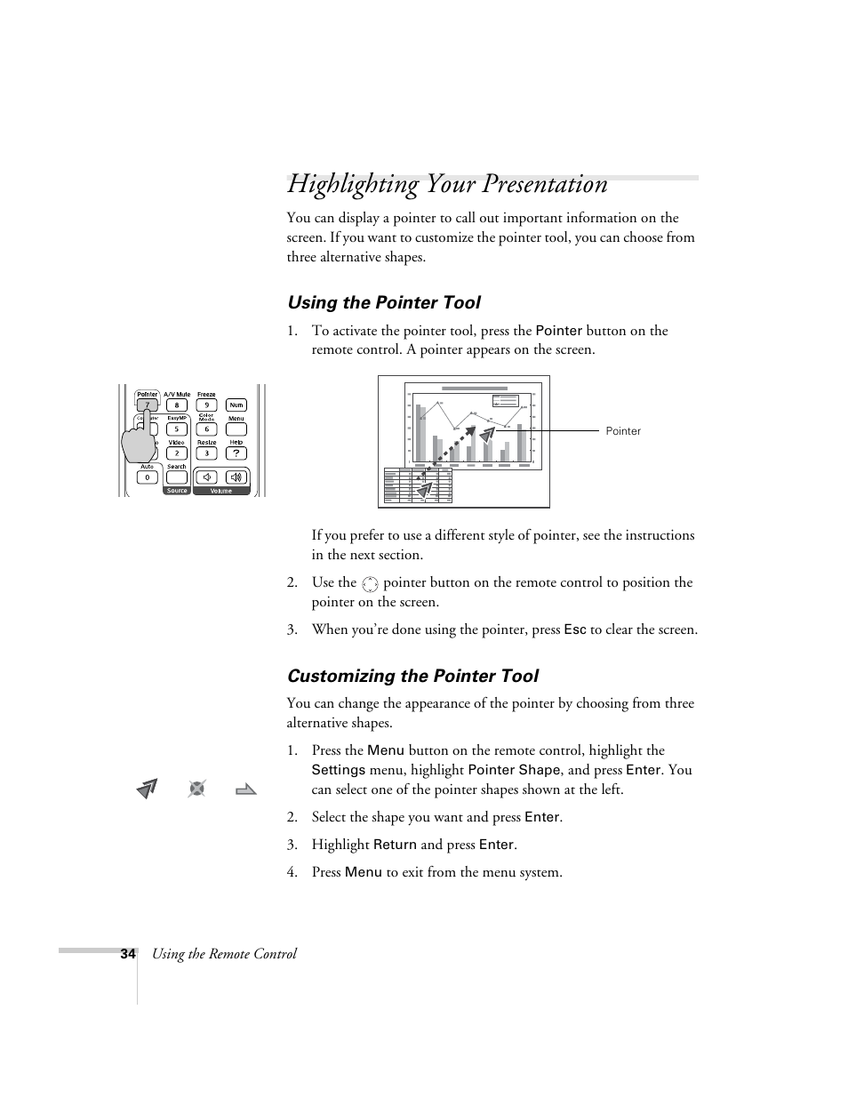 Highlighting your presentation, Using the pointer tool, Customizing the pointer tool | Epson PowerLite 1715c User Manual | Page 34 / 202