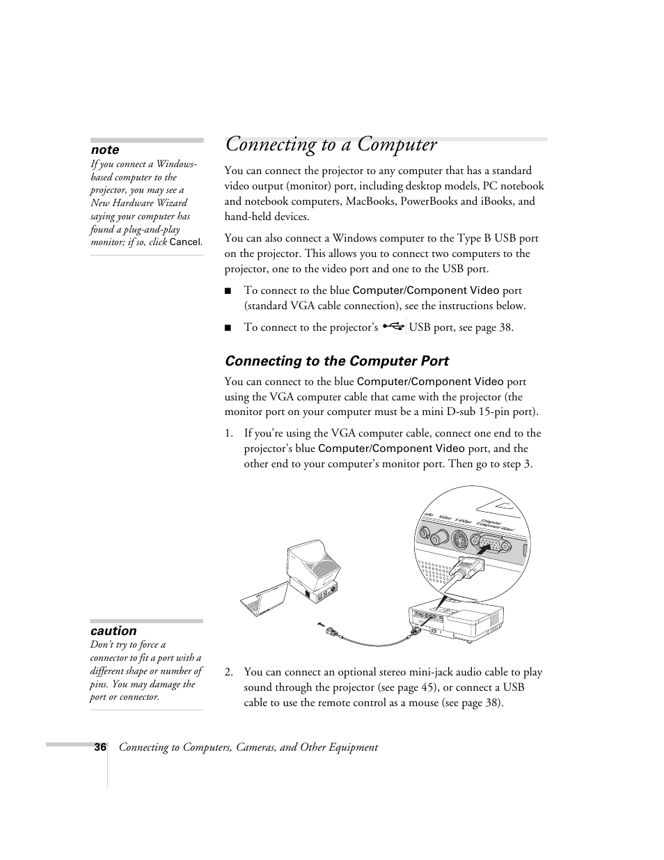 Connecting to a computer, Connecting to the computer port | Epson PowerLite 1715c User Manual | Page 36 / 202