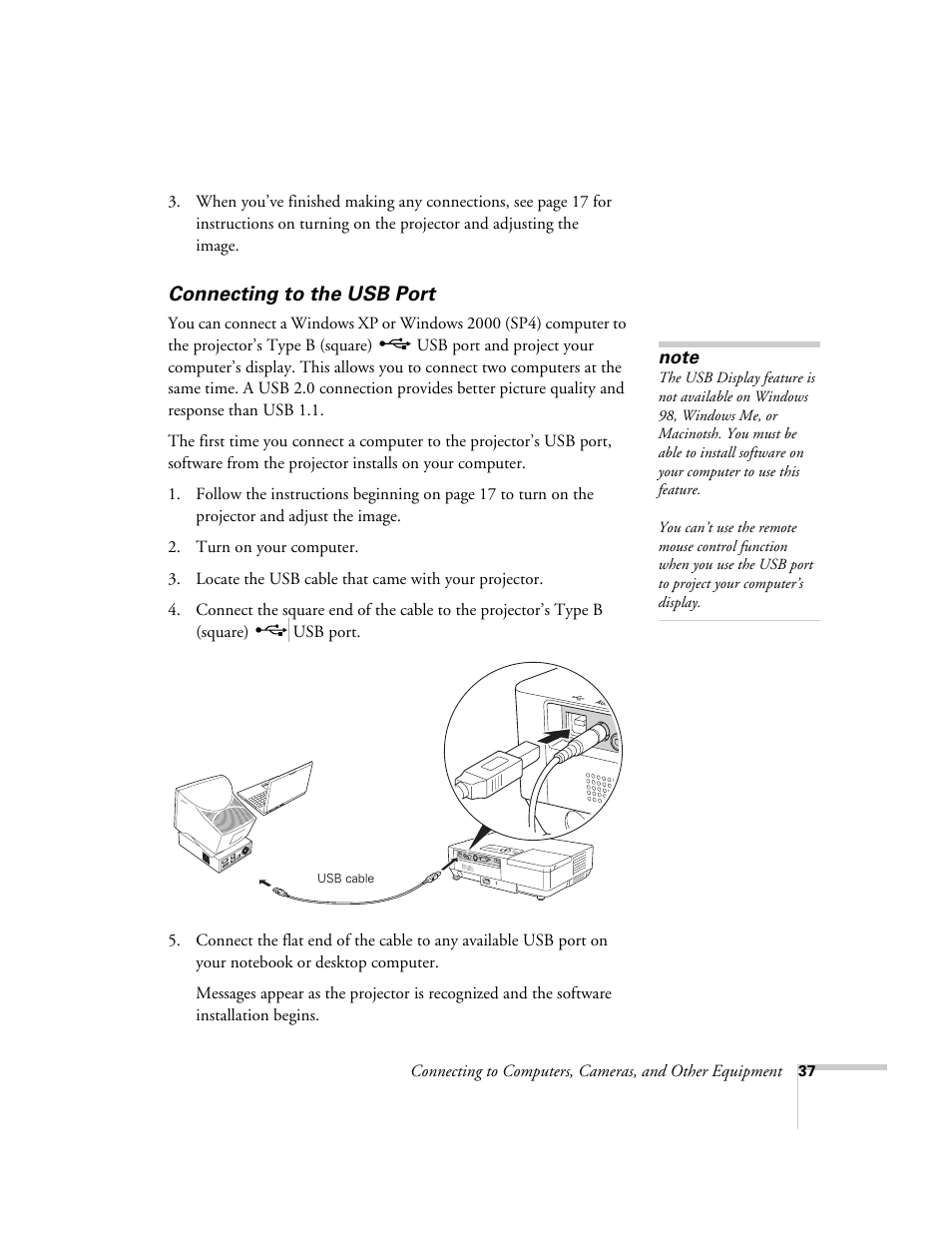 Connecting to the usb port, Connecting the usb port | Epson PowerLite 1715c User Manual | Page 37 / 202