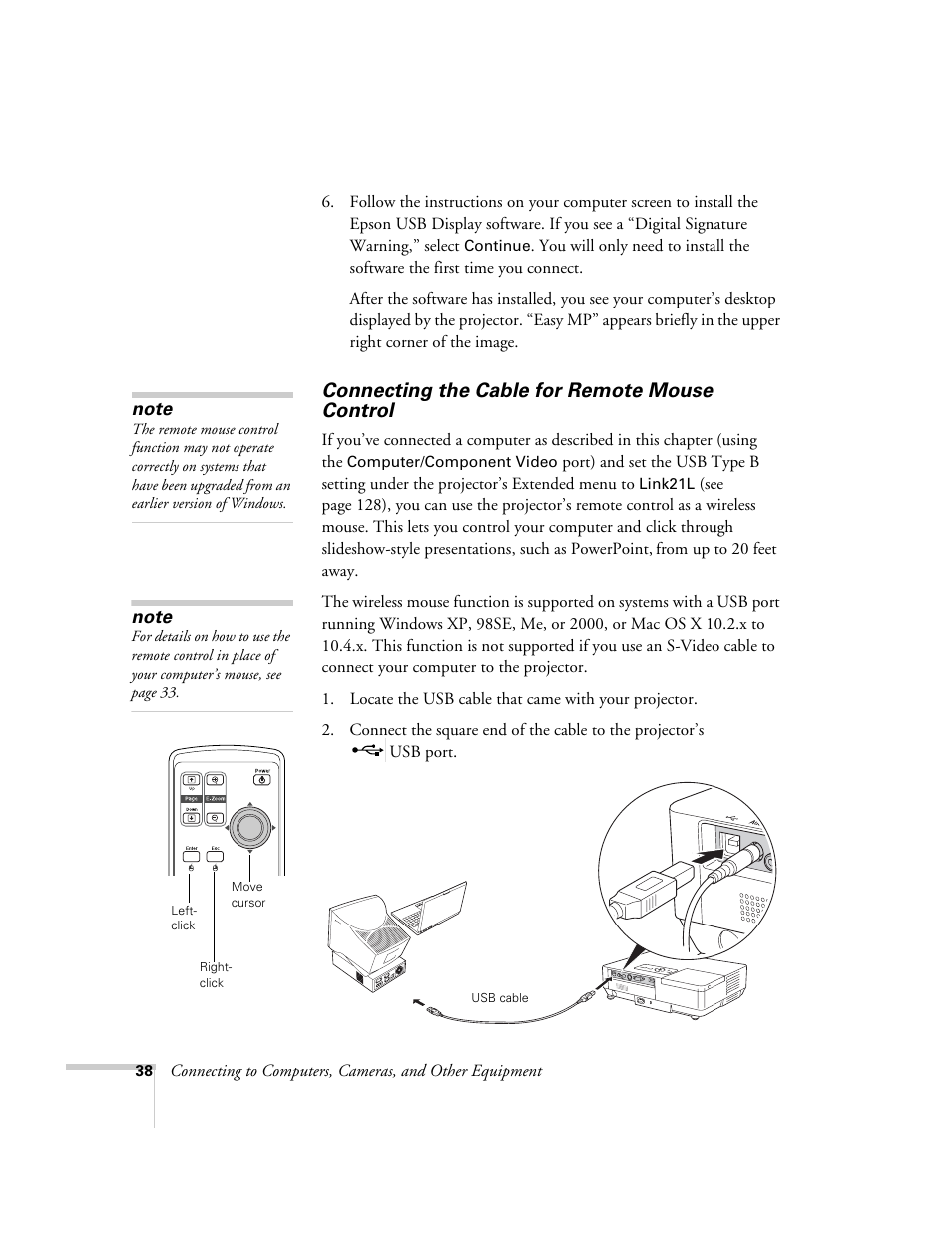 Connecting the cable for remote mouse control | Epson PowerLite 1715c User Manual | Page 38 / 202