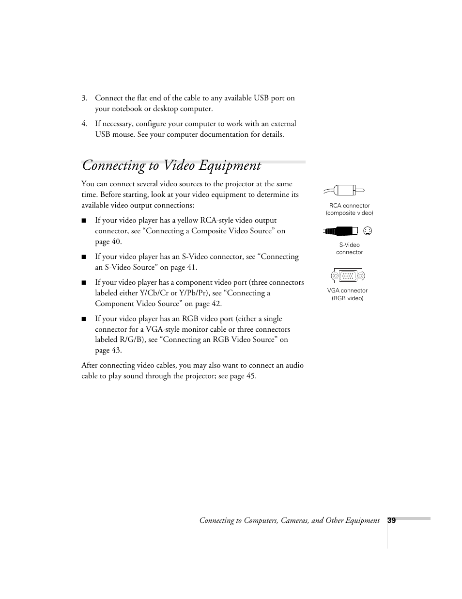 Connecting to video equipment | Epson PowerLite 1715c User Manual | Page 39 / 202