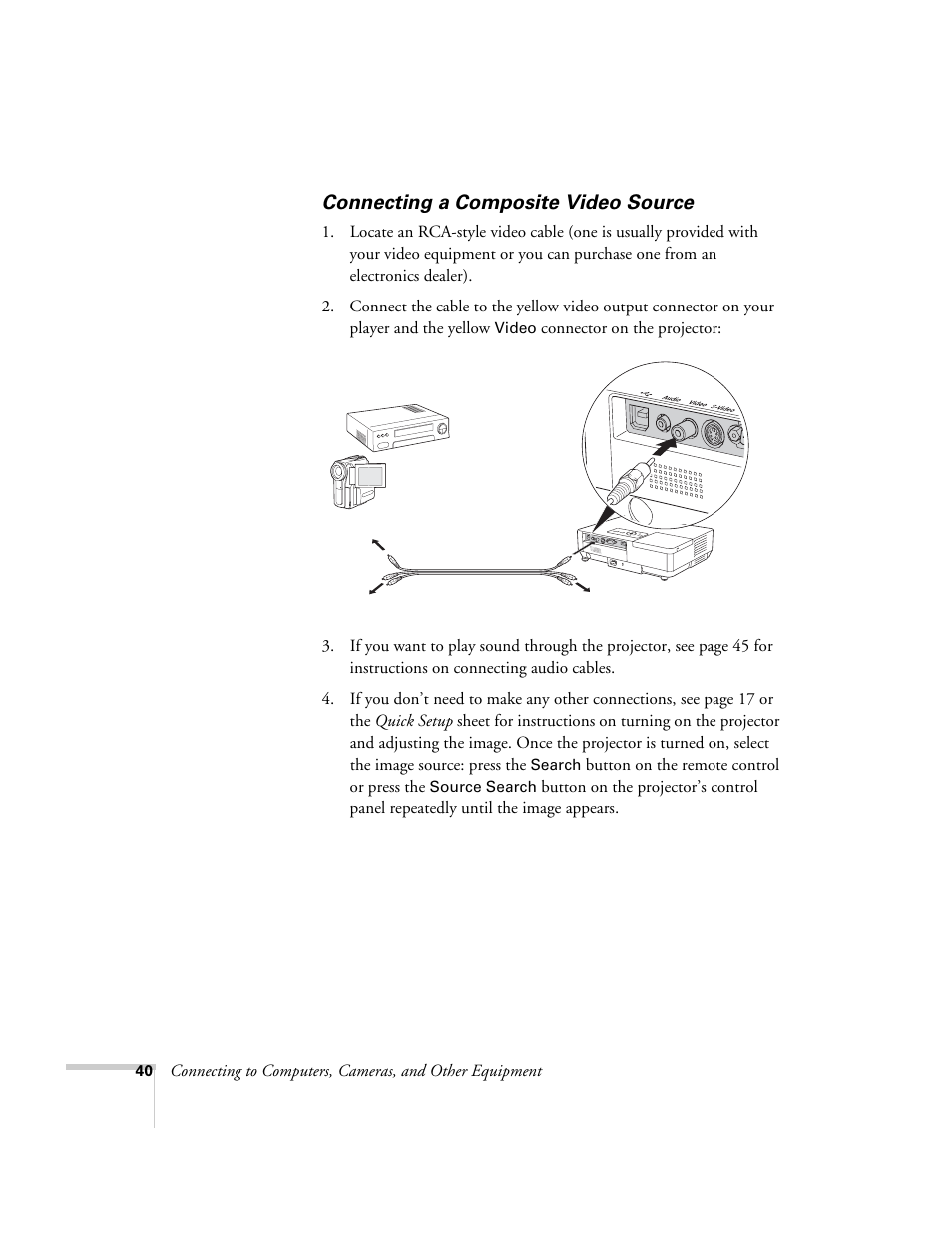 Connecting a composite video source | Epson PowerLite 1715c User Manual | Page 40 / 202