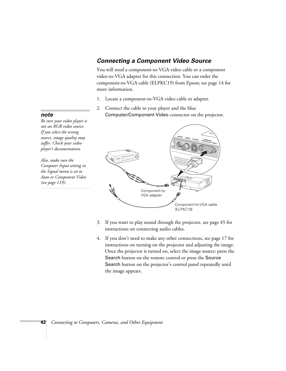 Connecting a component video source | Epson PowerLite 1715c User Manual | Page 42 / 202