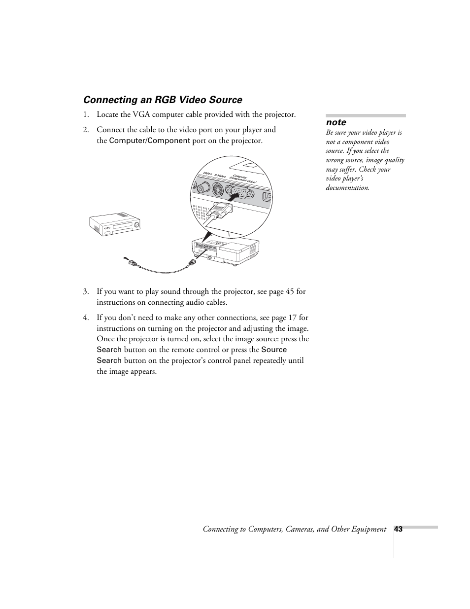 Connecting an rgb video source | Epson PowerLite 1715c User Manual | Page 43 / 202