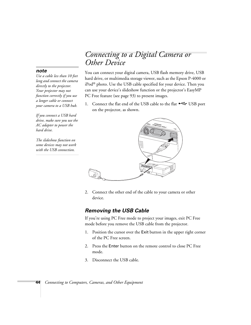 Connecting to a digital camera or other device, Removing the usb cable | Epson PowerLite 1715c User Manual | Page 44 / 202
