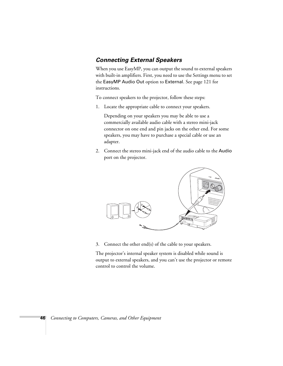 Connecting external speakers | Epson PowerLite 1715c User Manual | Page 46 / 202