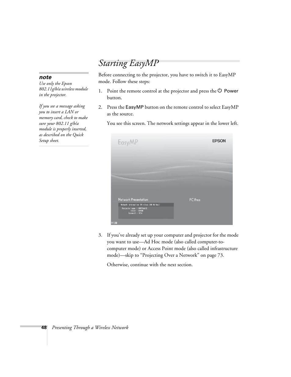 Starting easymp | Epson PowerLite 1715c User Manual | Page 48 / 202