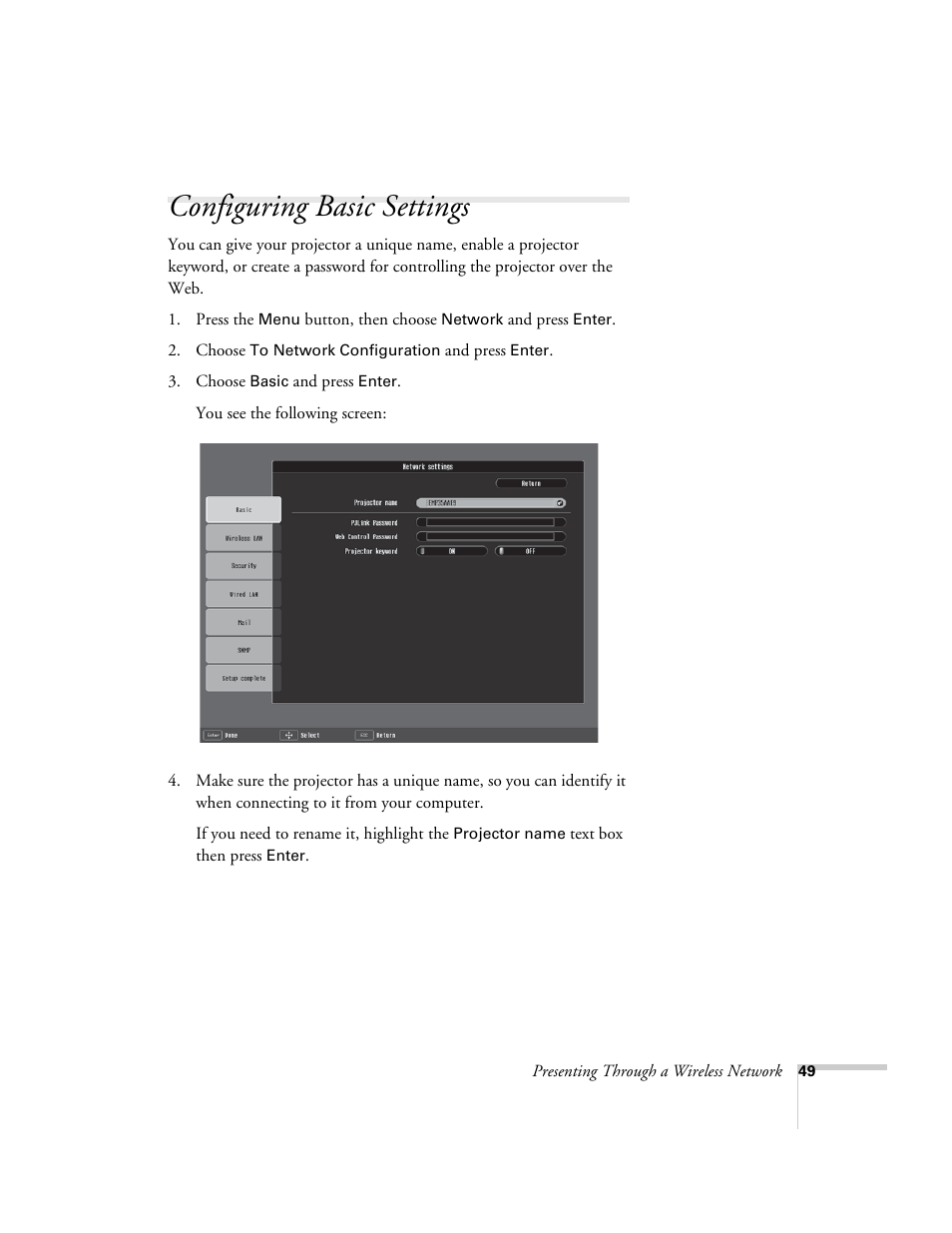 Configuring basic settings | Epson PowerLite 1715c User Manual | Page 49 / 202