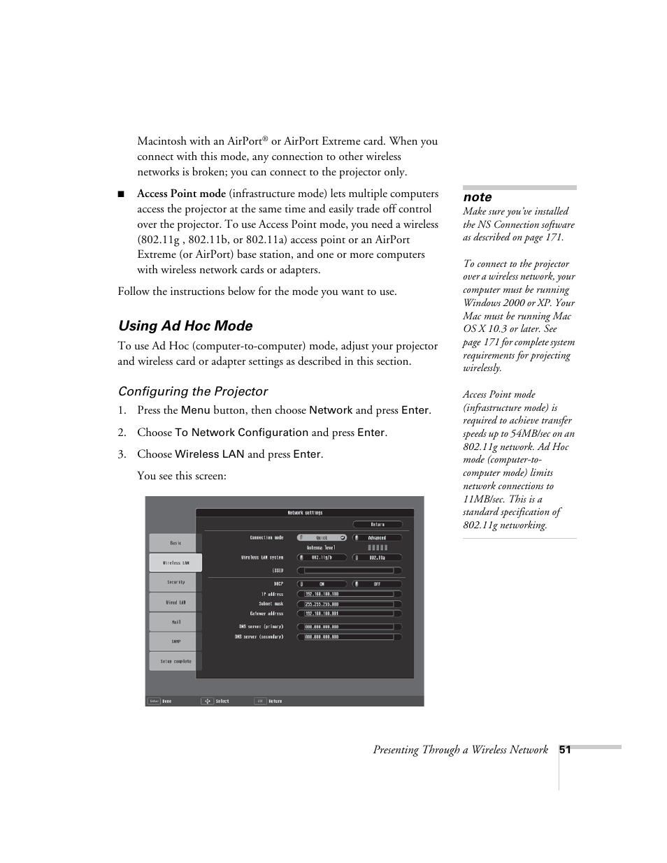 Using ad hoc mode | Epson PowerLite 1715c User Manual | Page 51 / 202