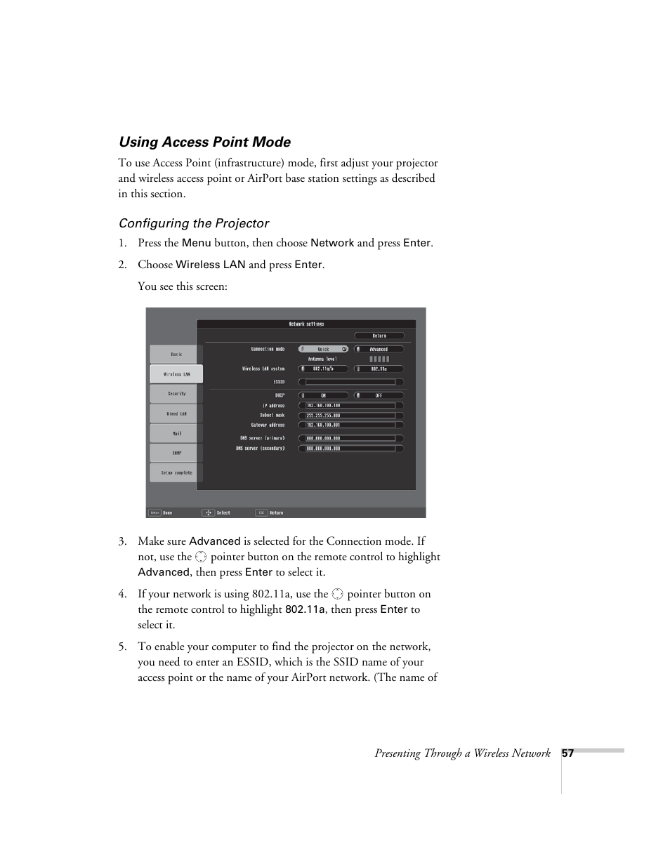 Using access point mode | Epson PowerLite 1715c User Manual | Page 57 / 202