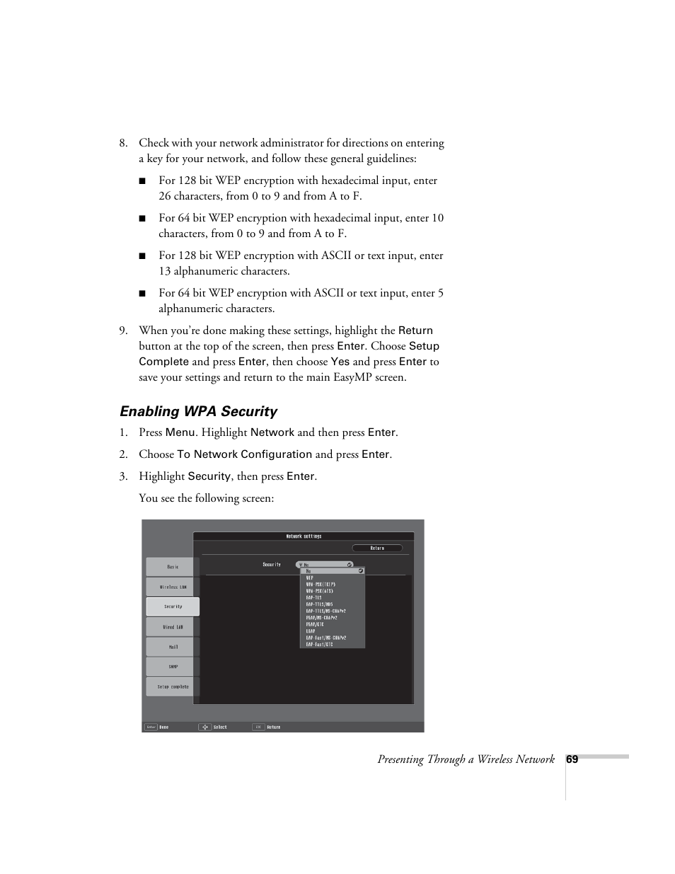 Enabling wpa security | Epson PowerLite 1715c User Manual | Page 69 / 202