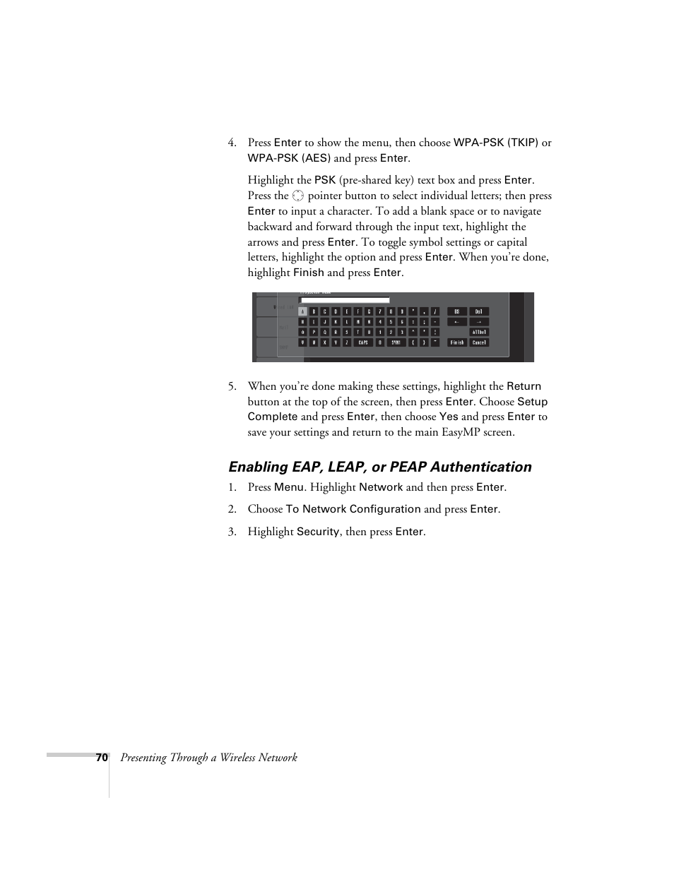 Enabling eap, leap, or peap authentication | Epson PowerLite 1715c User Manual | Page 70 / 202