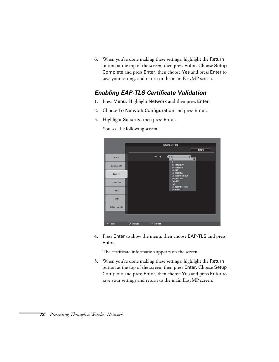 Enabling eap-tls certificate validation | Epson PowerLite 1715c User Manual | Page 72 / 202