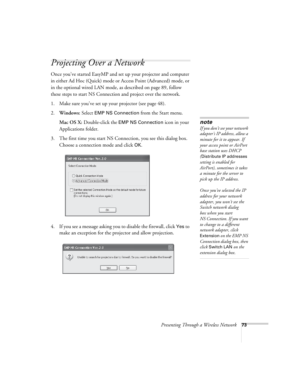 Projecting over a network | Epson PowerLite 1715c User Manual | Page 73 / 202