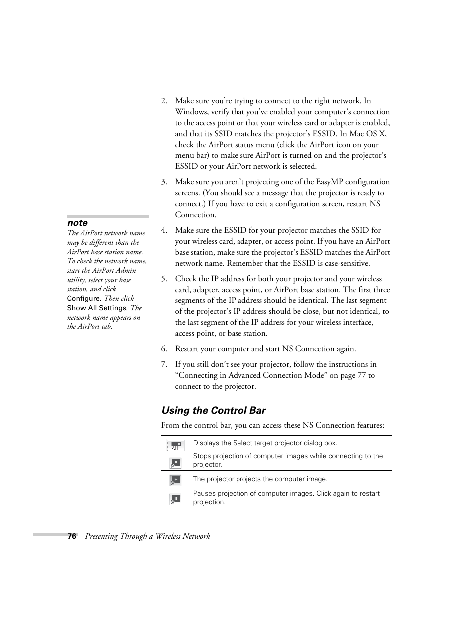 Using the control bar | Epson PowerLite 1715c User Manual | Page 76 / 202