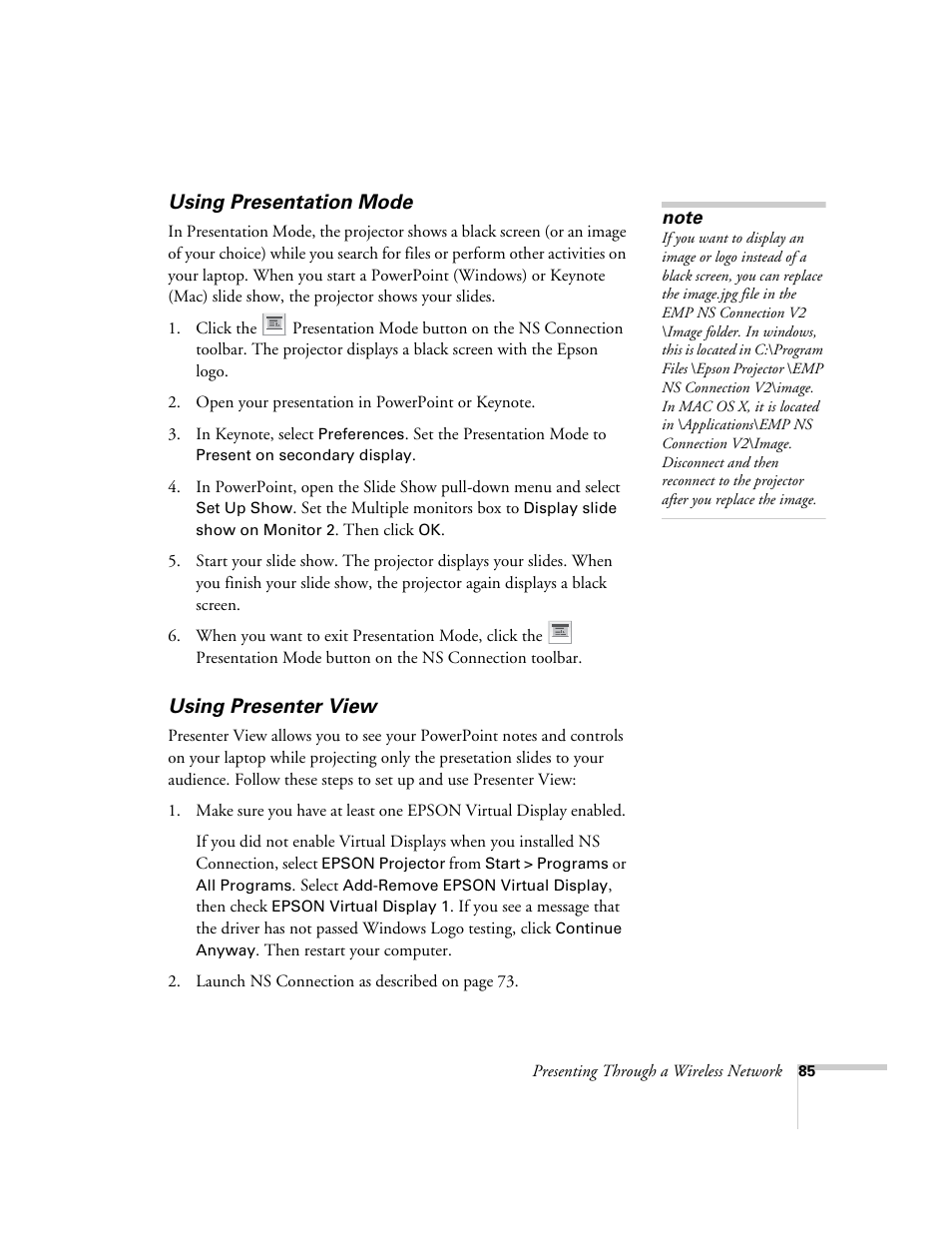 Using presentation mode, Using presenter view, Using presentation mode using presenter view | Epson PowerLite 1715c User Manual | Page 85 / 202