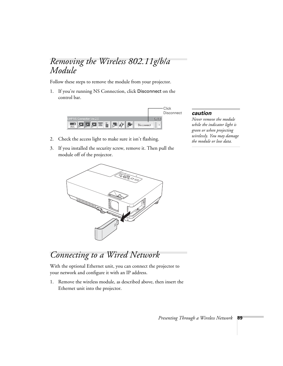Removing the wireless 802.11g/b/a module, Connecting to a wired network | Epson PowerLite 1715c User Manual | Page 89 / 202