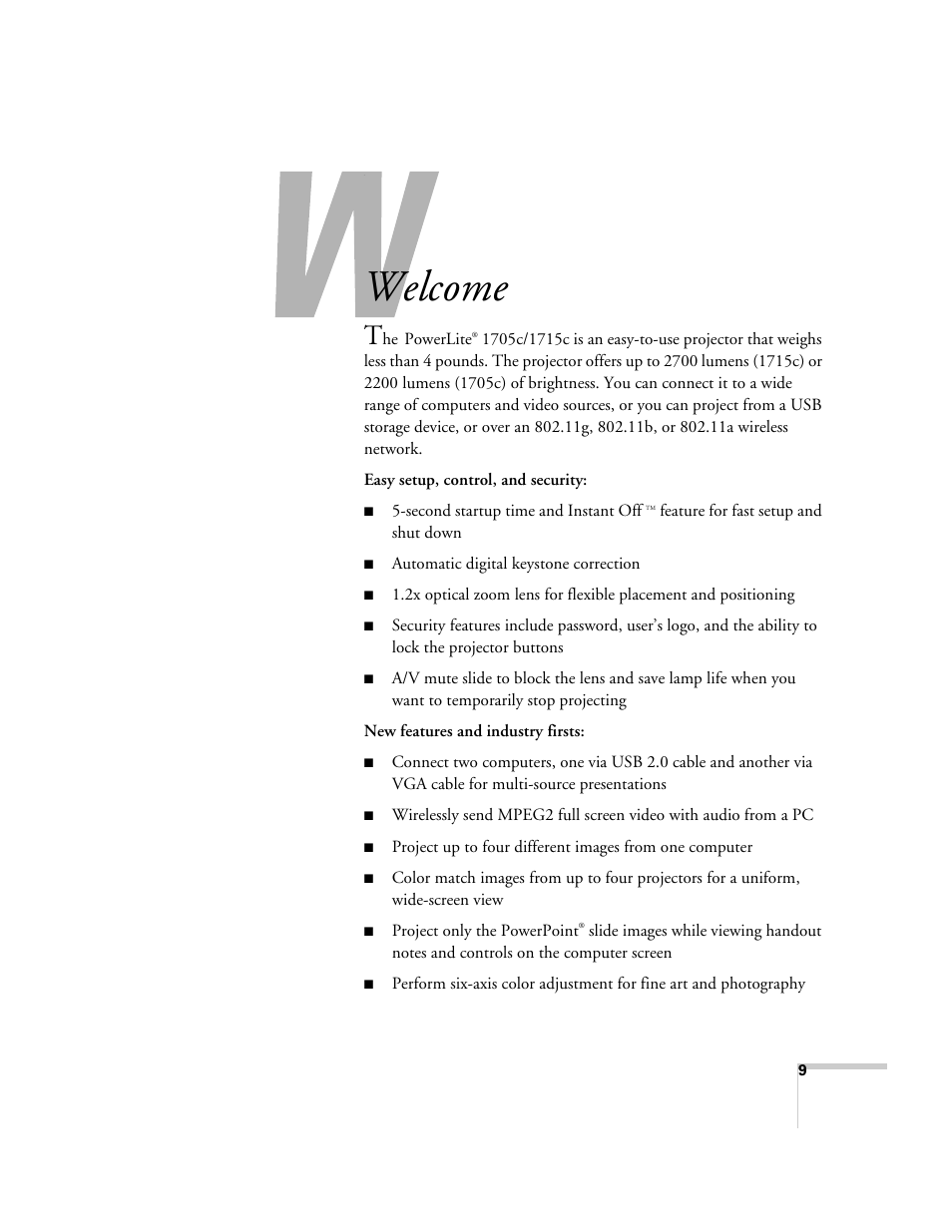 Welcome | Epson PowerLite 1715c User Manual | Page 9 / 202