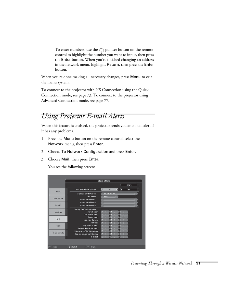 Using projector e-mail alerts | Epson PowerLite 1715c User Manual | Page 91 / 202