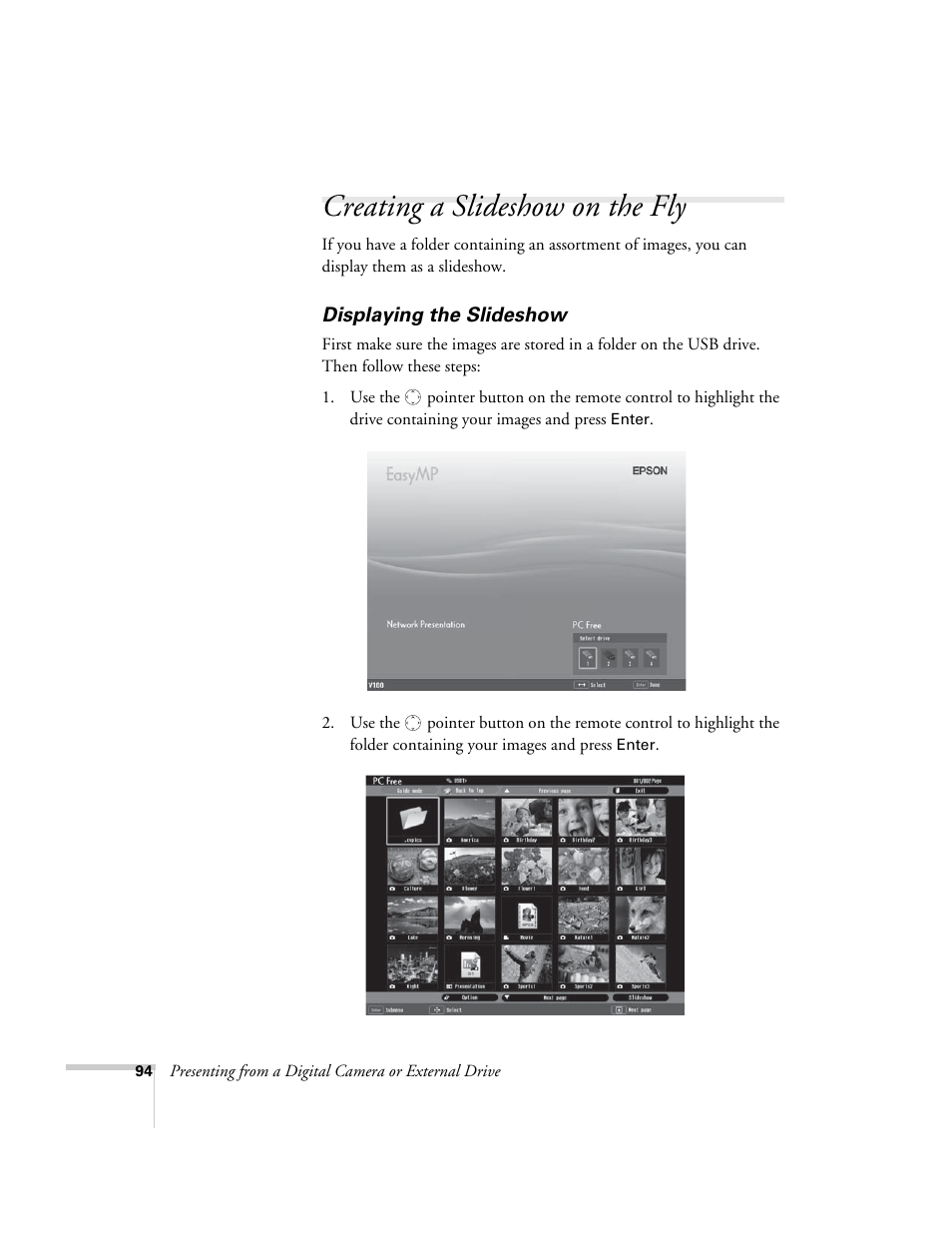 Creating a slideshow on the fly, Displaying the slideshow | Epson PowerLite 1715c User Manual | Page 94 / 202