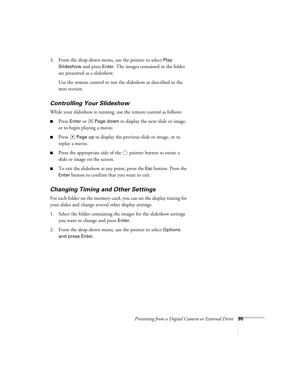 Controlling your slideshow, Changing timing and other settings | Epson PowerLite 1715c User Manual | Page 95 / 202