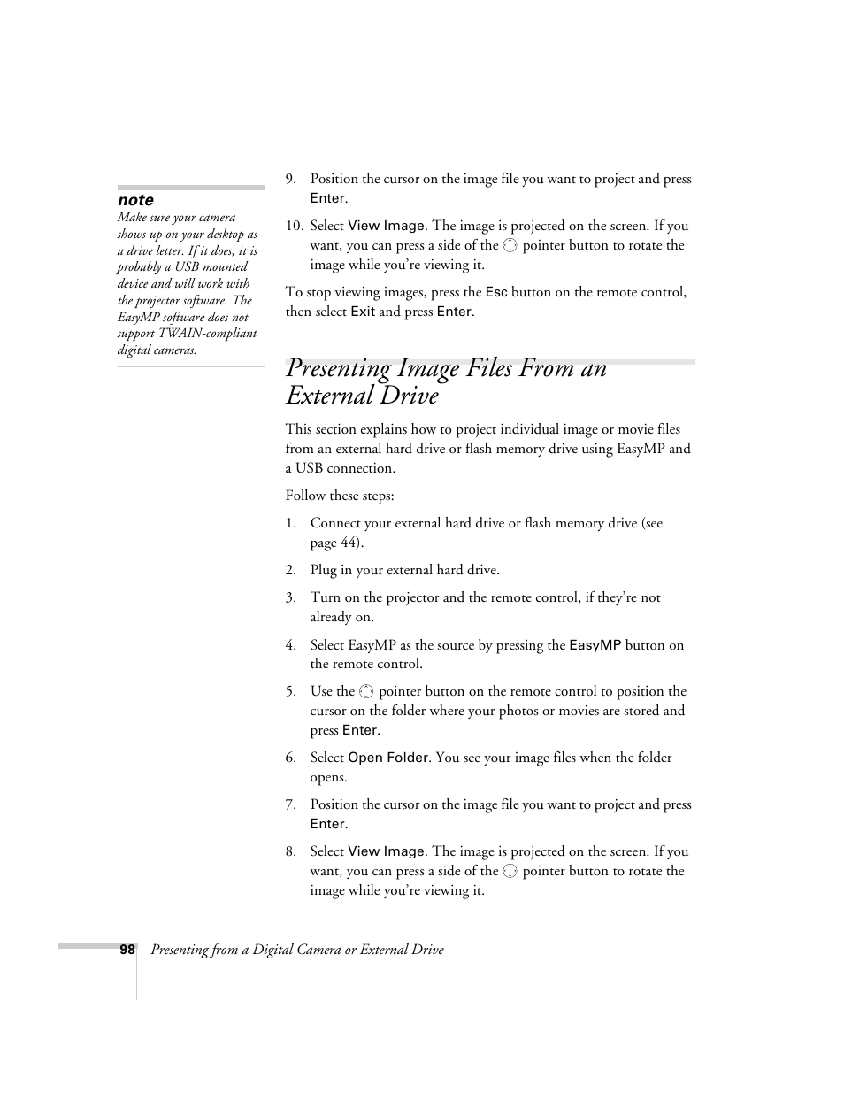 Presenting image files from an external drive | Epson PowerLite 1715c User Manual | Page 98 / 202