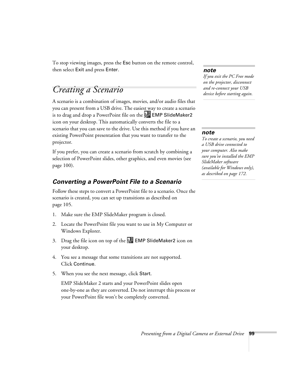 Creating a scenario, Converting a powerpoint file to a scenario | Epson PowerLite 1715c User Manual | Page 99 / 202