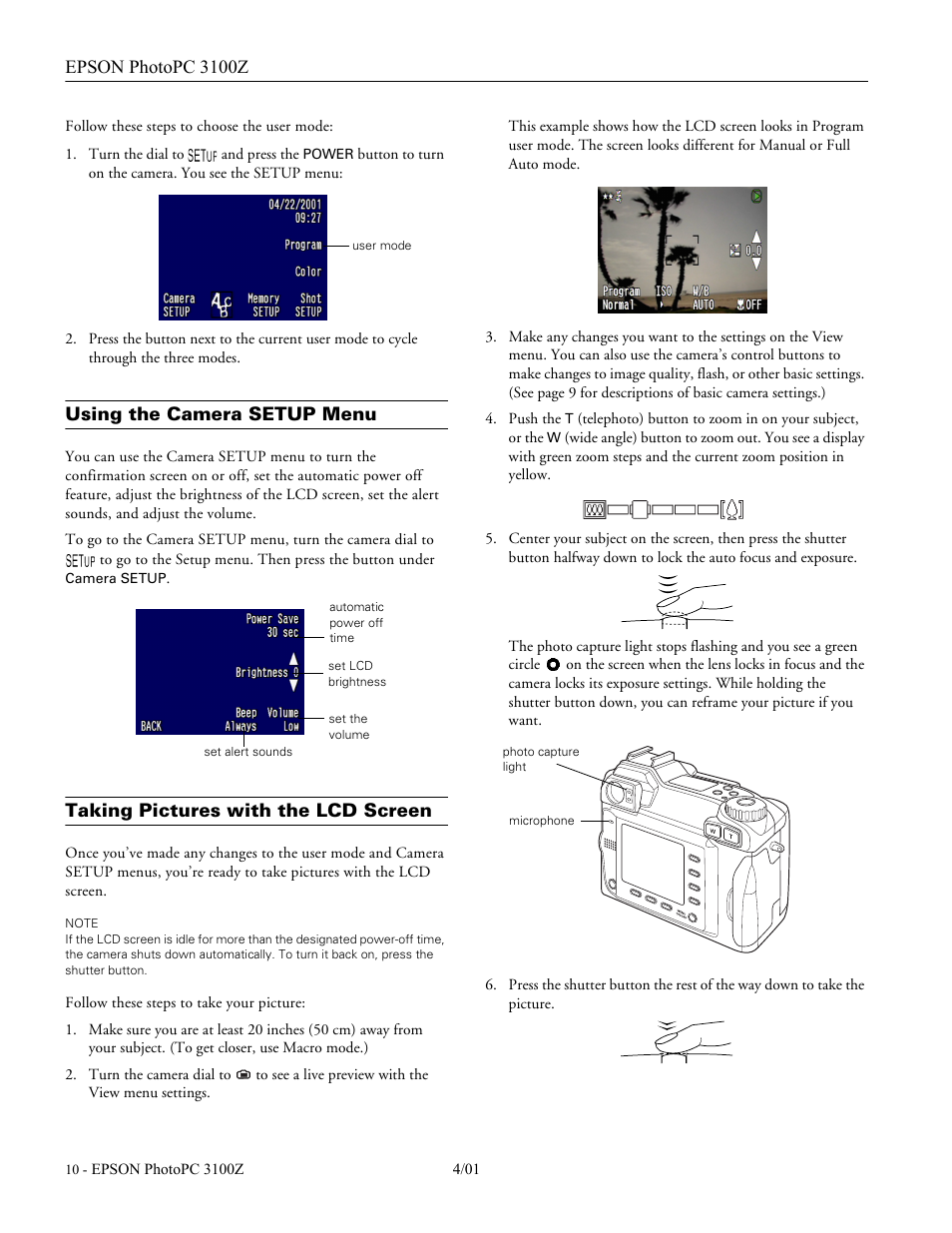 Using the camera setup menu, Taking pictures with the lcd screen | Epson 3100Z User Manual | Page 10 / 13