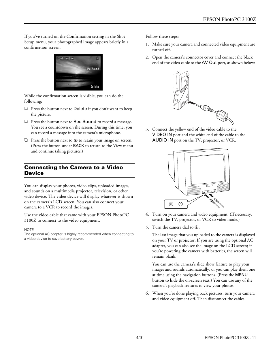 Connecting the camera to a video device | Epson 3100Z User Manual | Page 11 / 13