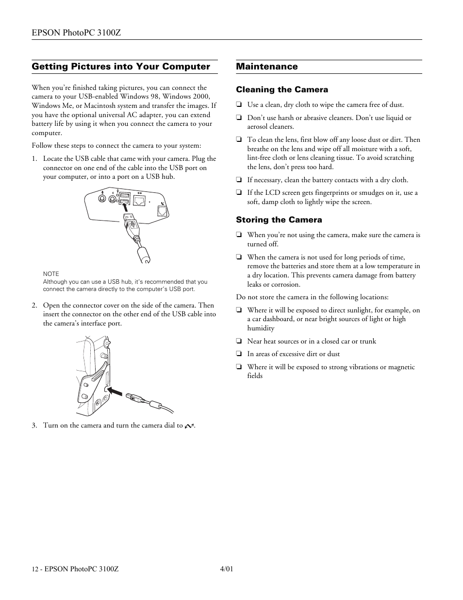 Getting pictures into your computer maintenance, Cleaning the camera, Storing the camera | Epson 3100Z User Manual | Page 12 / 13