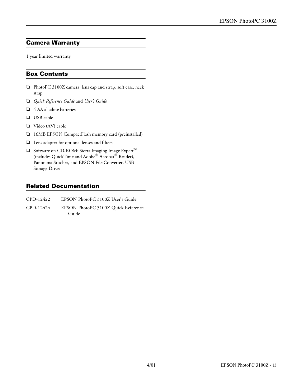 Camera warranty, Box contents, Related documentation | Epson 3100Z User Manual | Page 13 / 13