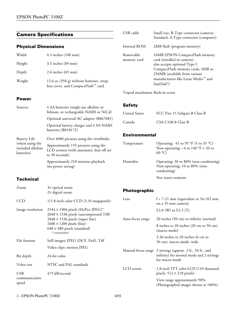 Camera specifications, Physical dimensions, Power | Technical, Safety, Environmental, Photographic | Epson 3100Z User Manual | Page 2 / 13