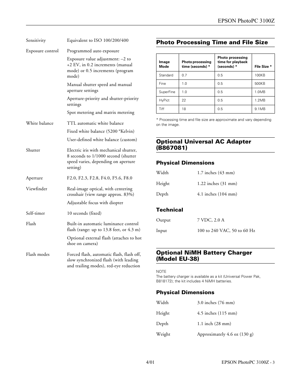 Photo processing time and file size, Optional universal ac adapter (b867081), Physical dimensions | Technical, Optional nimh battery charger (model eu- 38), Epson photopc 3100z, Optional nimh battery charger (model eu-38) | Epson 3100Z User Manual | Page 3 / 13