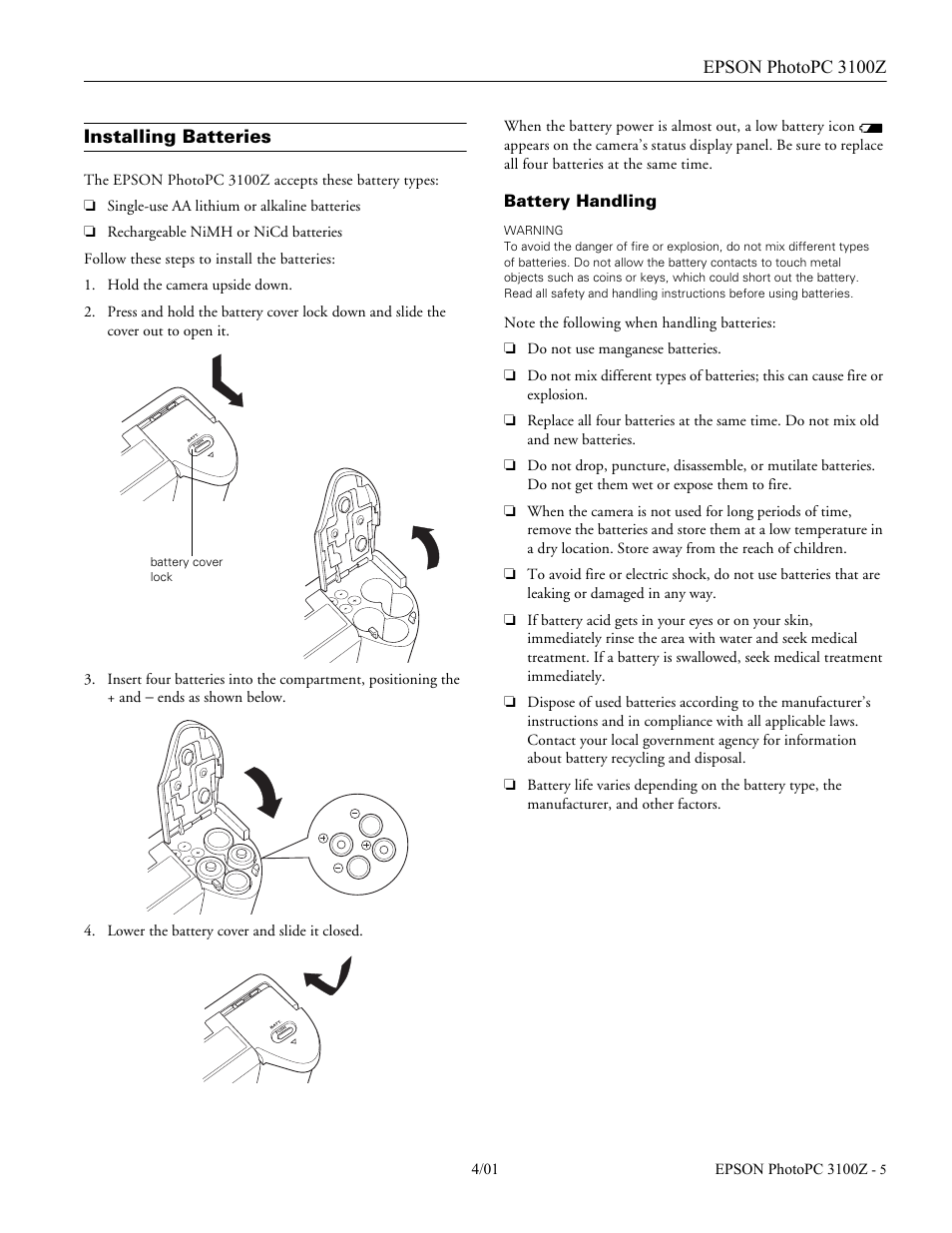 Installing batteries, Battery handling | Epson 3100Z User Manual | Page 5 / 13