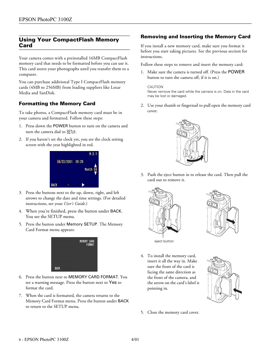 Using your compactflash memory card, Formatting the memory card, Removing and inserting the memory card | Epson 3100Z User Manual | Page 6 / 13