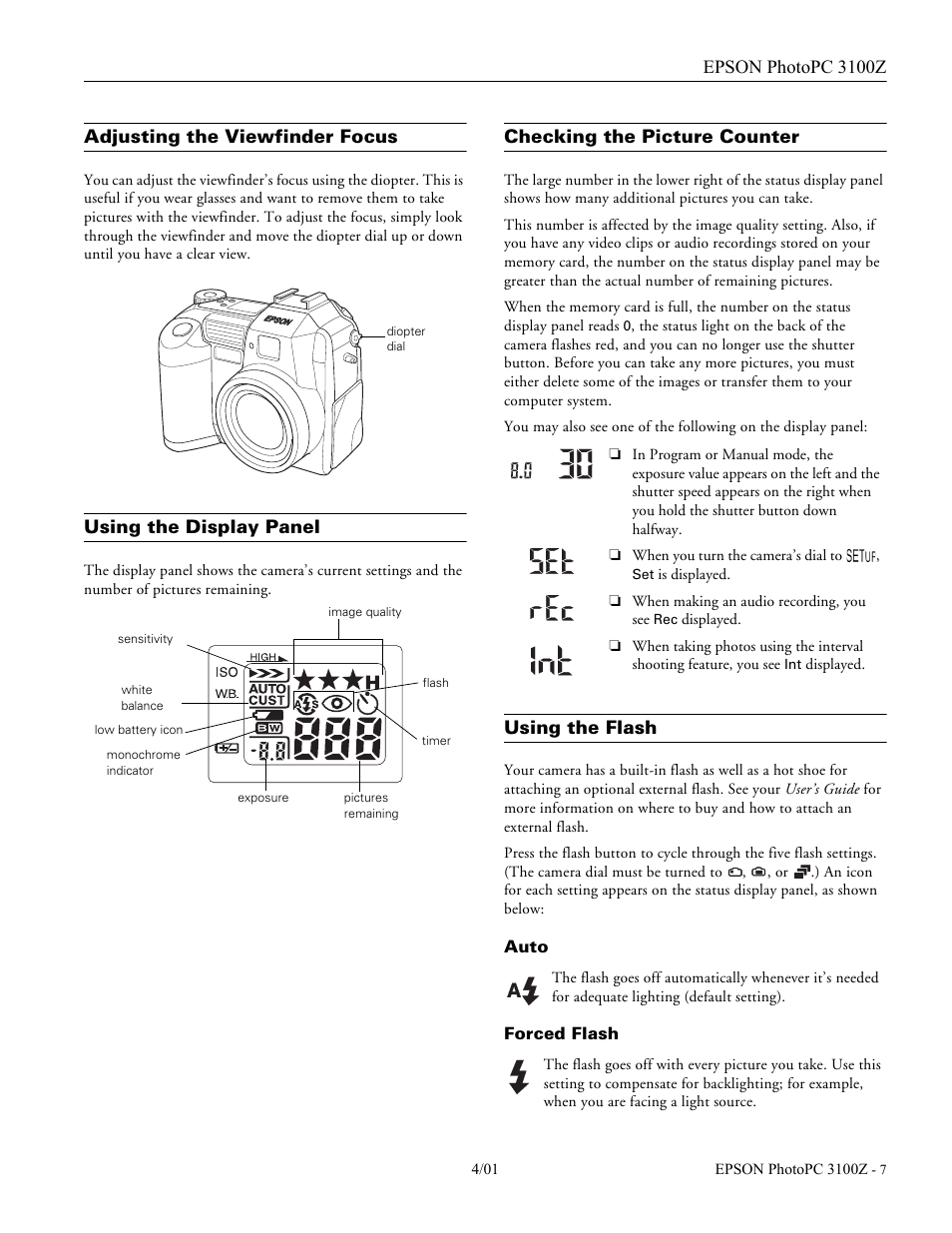 Adjusting the viewfinder focus, Using the display panel, Checking the picture counter | Using the flash, Auto, Forced flash | Epson 3100Z User Manual | Page 7 / 13